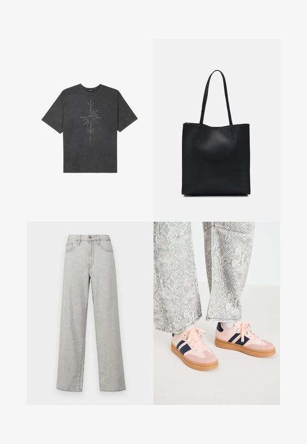 Tumehall pehmea t-särk, mis on valmistatud puuvillast, esiküljel on keeruliste joontega trükitud keskmine päikesegraafika.; Heled hallid lai jalad teksad, mis on valmistatud denimist, kõrge vöökohaga, eespooltaskute ja tavapärase nuppu ja tõmbluku sulgemisega.; Heledad roosa spordijalatsid meresiniste triipudega ja pruuni kummitaldaga, koos hallide jakiriiliga laiade pükstega. Jalanõudel on lipsud ja kontrastsed aktsendid.; Mustast nahast kott sujuva tekstuuriga, ristkülikukujuline ja kahe pika sangaga. Pole nähtavat riistvara ega kaunistusi.