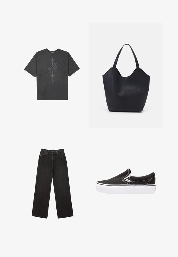 T-shirt oversize grigio scuro in cotone, con una grafica centrale di un sole con dettagli intricati stampati sul davanti.; Jeans neri a gamba larga realizzati in denim, caratterizzati da piccoli motivi a pois, design classico a cinque tasche e chiusura con bottone e zip.; Scarpa slip-on in tela nera con suola in gomma bianca, cuciture bianche a contrasto e patch con logo sul lato. Texture liscia e design semplice.; Borsa tote nera realizzata in pelle liscia, con una parte superiore curva e aperta, dotata di due manici per spalla e un design minimalista.