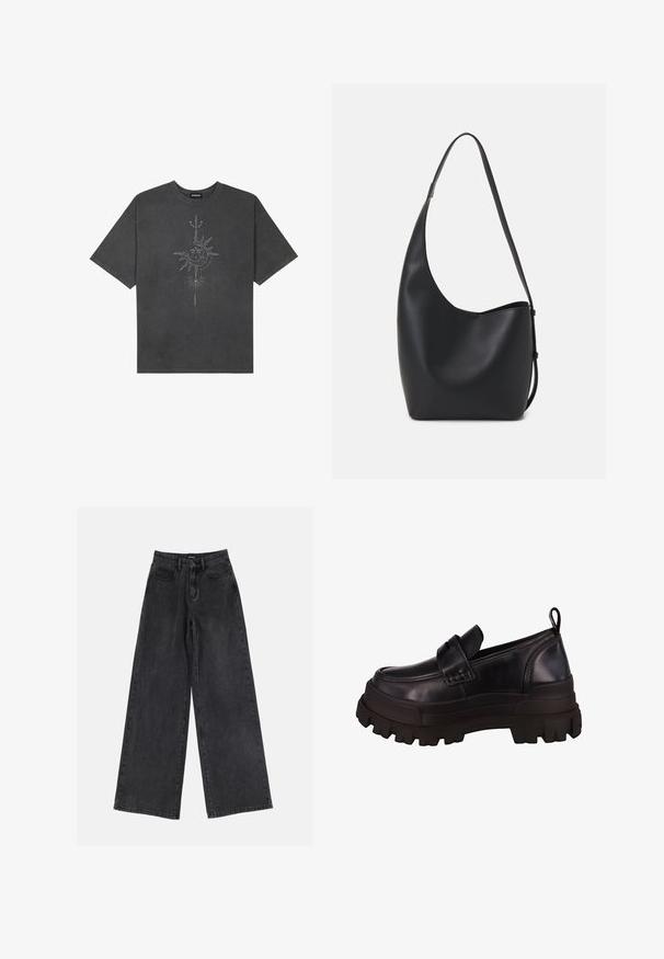 Tricou oversized de culoare gri închis, realizat din bumbac, având un grafic central cu soare, cu detalii complexe imprimat pe față.; Jeans negri cu picioare largi, având talie înaltă, design clasic cu cinci buzunare și decolorare subtilă. Material durabil cu o textură netedă.; Pantofi negri din piele, tip slip-on, cu o talpă din cauciuc masivă, vârf rotunjit și o curea decorativă pe parte superioară. Detalii texturate pe laterale.; Geantă hobo din piele neagră, cu o textură netedă, formă curbată și un singur bretele ajustabil; are o deschidere largă în partea de sus.