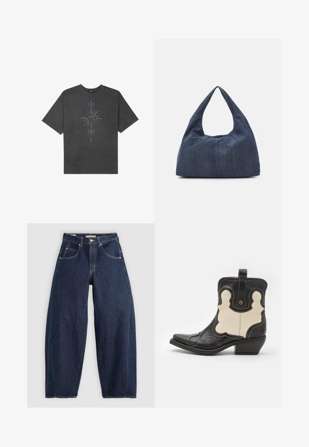 Temno siva oversize majica iz bombaža, z centralno grafiko sonca z zapletenimi črtnimi podrobnostmi natisnjenimi spredaj.; Temno modri kavbojasti hlače z ohlapnim krojem, svetlimi šivi, petimi žepi in gumbom za zapiranje na pasu.; Črne in kremaste usnjene kavbojke z belim šivom, z izostrenim prstom, ukrivljenimi vzorci in kratkim zloženim peti. Zanka na hrbtni strani.; Temno moder jeans torba z mehko, sproščeno obliko, ki ima hobo slog ročaja in teksturirano površino. Brez vidnih kovinskih dodatkov.