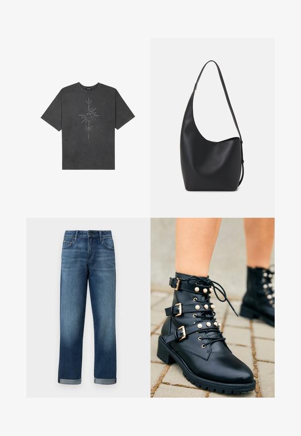 Musta harmaa ylisuurennettu t-paita, joka on valmistettu puuvillasta ja jossa on keskellä aurinkokuvio, jossa on monimutkaisia viivadetaileja painettuna etupuolelle.; Farkut keskipitkä sininen pesu, suoran lahkeiden muotoilulla, jossa on käännetyt lahkeet ja minimaalista kulumista. Klassinen viisi-tasku tyylitys.; Mustat nahkakengät nilkkoihin, joissa on kultaiset yksityiskohdat, kolme säädettävää hihnaa ja helmikoristeet. Kuvioitu pohja pitoa varten.; Musta nahkainen hobo-laukku, jossa on sileä pinta, kaareva muoto ja yksi säädettävä olkahihna; sisäänkäynti on leveä ylhäältä.