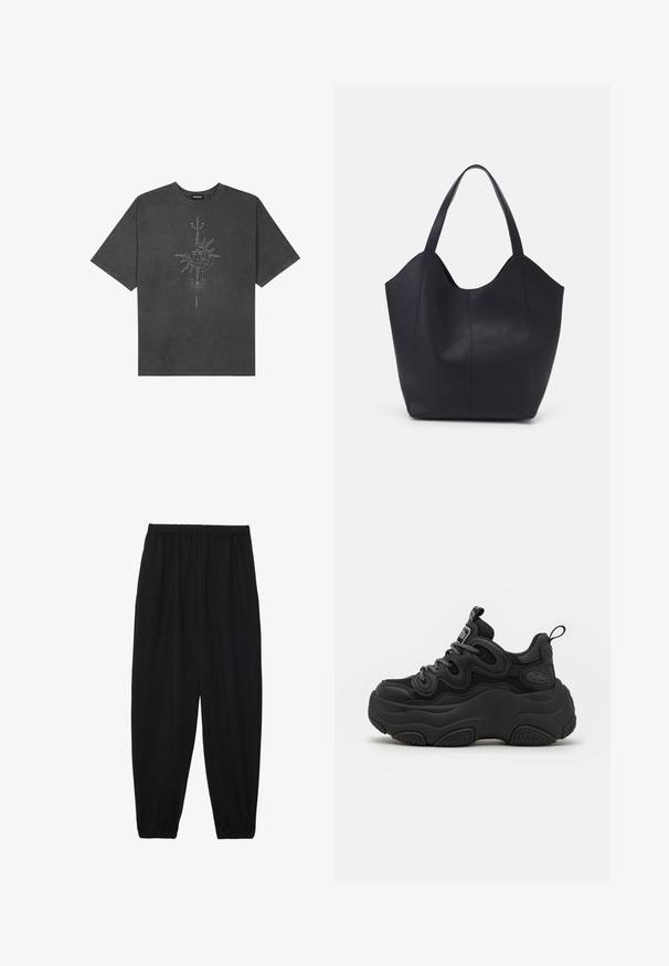Mørkegrå oversized t-skjorte laget av bomull, med et sentralt solmotiv med intrikate linjedetaljer trykket på forsiden.; Svarte, lette bukser med elastisk liv og rynkede ankler. Stoffet er glatt og har en avslappet, innsvingt design.; Svart sneaker med en kraftig design, som har en teksturert overdel, mesh-paneler og tykk gummisåle. Reflekterende snørebånd og merkevaredetaljer er synlige.; Svart tote-veske laget av glatt lær, med en buet, åpen topp og to skulderstropper, samt et minimalistisk design.