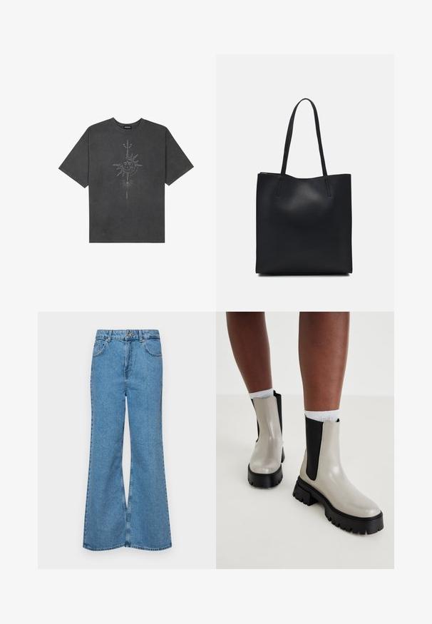 Tmavě šedé oversized tričko vyrobené z bavlny, s centrálním slunečním grafickým motivem s propracovanými liniemi potištěným na přední straně.; Světle modré rozšířené džíny z denimu, se zvýšeným pasem, pěti kapsami a jedním knoflíkem na zapínání. Měkký povrch s vybledlým vzhledem.; Šedé a černé kotníkové boty s lesklým povrchem, elastickými bočními panely, robustní černou podrážkou a texturovaným vzorem na chodidle.; Černá kožená taška přes rameno s hladkým povrchem, obdélníkovým tvarem a dvěma dlouhými uchy. Žádné viditelné kování ani ozdoby.