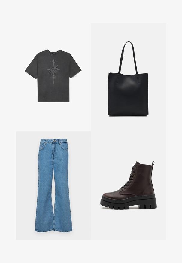 Σκοτεινό γκρι oversized μπλουζάκι φτιαγμένο από βαμβάκι, διαθέτοντας έναν κεντρικό γραφικό ήλιο με περίπλοκες λεπτομέρειες γραμμών εκτυπωμένες στο μπροστά μέρος.; Ανοιχτό γαλάζιο τζιν παντελόνι σε καμπάνα, κατασκευασμένο από τζιν ύφασμα, με ψηλή μέση, πέντε τσέπες και κλείσιμο με έναν μόνο κουμπί. Μαλακή υφή με ξεθωριασμένο φινίρισμα.; Καφέ δερμάτινα μποτάκια μέχρι τον αστράγαλο με στρογγυλή μύτη, μαύρη χοντρή σόλα και λεπτομέρειες με κορδόνια. Διαθέτουν πίσω βρόχο για εύκολη εφαρμογή.; Μαύρη δερμάτινη τσάντα tote με λείο υφή, ορθογώνιο σχήμα και δύο μακριές λαβές. Χωρίς ορατό υλικό ή διακοσμητικά στοιχεία.