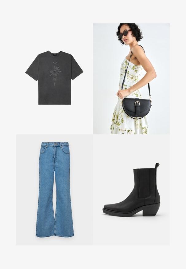 Temno siva oversize majica iz bombaža, z centralno grafiko sonca z zapletenimi črtnimi podrobnostmi natisnjenimi spredaj.; Svetlo modri razširjeni džins hlače iz denima, z visokim pasom, petimi žepi in enim gumbom za zapiranje. Mehka tekstura z blagim zbledelim videzom.; Črne usnjene gležnjarje z elastičnimi stranskimi ploščicami, koničastim prstom in debelim peto. Tekstudirana površina s spolirano obdelavo.; Črna usnjena torbica s ukrivljeno obliko, z odstranljivo naramnico in zlatimi dodatki. Torbica ima pokrov s podrobnostmi v obliki zaponke.