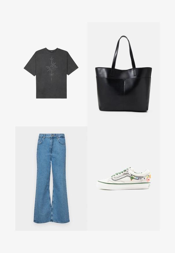 Tricou oversized de culoare gri închis, realizat din bumbac, având un grafic central cu soare, cu detalii complexe imprimat pe față.; Jeanși evazați de culoare albastru deschis, din denim, cu talie înaltă, cinci buzunare și închidere cu un singur buton. Textură moale cu un finisaj decolorat.; Tenisi albi din pânză cu accente verzi și talismane decorative, având o suprafață texturată, vârf rotunjit și talpă albă groasă.; Geantă oversized din piele neagră, cu două mânere lungi, de textură netedă și formă structurată. Are un buzunar frontal pentru stocare suplimentară.