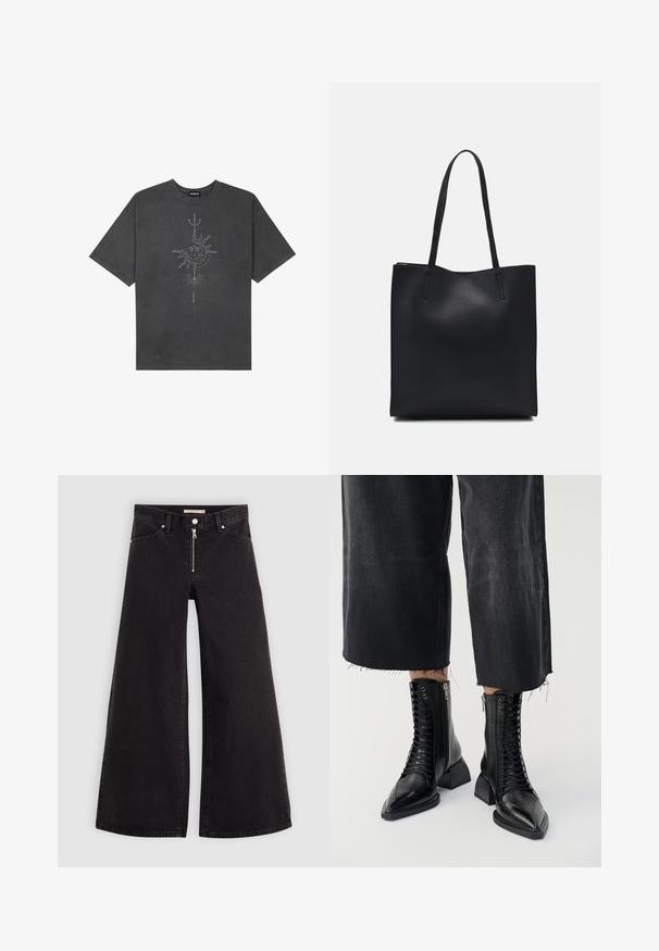 Camiseta de gran tamaño gris oscuro hecha de algodón, con un gráfico central de un sol con intrincados detalles lineales impresos en la parte frontal.; Jeans de pierna ancha en denim negro con cierre frontal, diseño de cinco bolsillos y detalles de costura sutiles. Textura suave y estilo casual.; Botas de cuero negro hasta el tobillo con punta puntiaguda, cordones en la parte delantera, cremalleras laterales y tacones gruesos, combinadas con pantalones de mezclilla negros cortos.; Bolso tote de cuero negro con textura lisa, forma rectangular y dos asas largas. Sin herrajes ni adornos visibles.