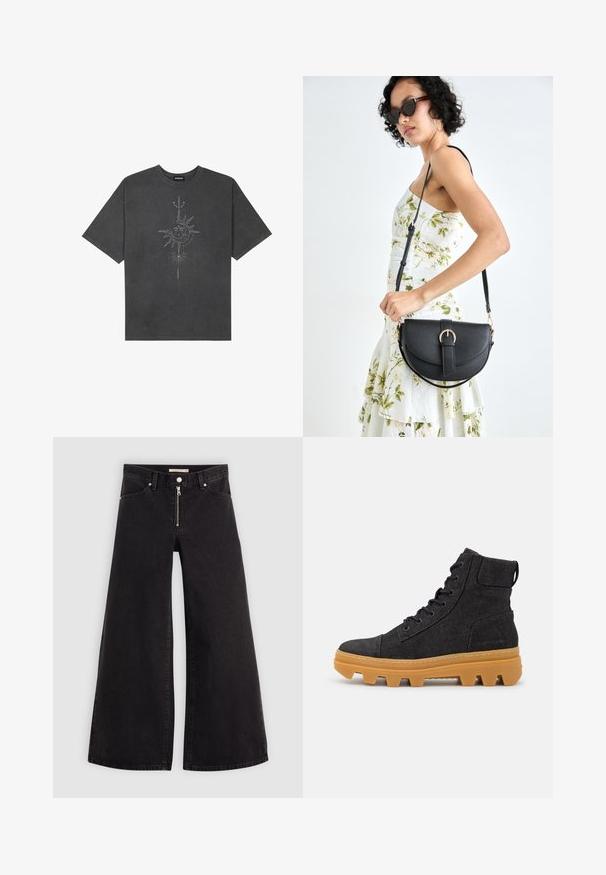 T-shirt surdimensionné gris foncé en coton, avec un graphisme central représentant un soleil, ornée de détails de lignes complexes imprimés sur le devant.; Jean large en denim noir avec une fermeture éclair à l'avant, un design à cinq poches et des détails de couture subtils. Texture lisse et style décontracté.; Bottes cheville en denim noir à tige haute, avec une surface texturée, une semelle en caoutchouc gomme contrastante, et des lacets ronds.; Sac à main en cuir noir avec une forme courbée, bandoulière amovible et des accessoires en or. Le sac est doté d'un rabat avec un détail de boucle.