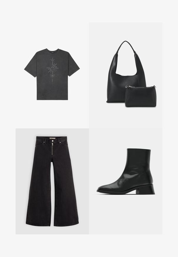 Tumehall pehmea t-särk, mis on valmistatud puuvillast, esiküljel on keeruliste joontega trükitud keskmine päikesegraafika.; Laiad teksad mustast denimist, millel on lukuga eesmine osa, viie taskuga disain ja peened õmblusdetailid. Sile tekstuur ja juhuslik stiil.; Must musta, tehtud läikivast nahast, omades elegantset disaini, teravat varvast ja mõõdukat plokknina, mis tagab stabiilsuse.; Even&Odd Käekott - black