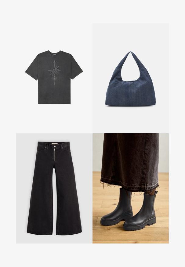 Mørkegrå oversized t-skjorte laget av bomull, med et sentralt solmotiv med intrikate linjedetaljer trykket på forsiden.; Vide benbukser i sort denim med glidelås i front, fem-lomme design og subtile sømdetaljer. Glatt tekstur og avslappet stil.; svarte lær ankelstøvler med elastiske sidepaneler, en robust gummisåle og rund tå, kombinert med en mørk, frynset denimskjørt.; Mørkeblå denimveske med en myk, slapp form, som har en hobo-stil håndtak og en teksturert overflate. Ingen synlige maskinvaredetaljer.