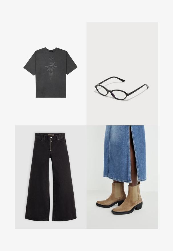 Dark gray oversized t-shirt made of cotton, featuring a central sun graphic with intricate line details printed on the front.; Wide-leg jeans in black denim with a zippered front, five-pocket design, and subtle stitching details. Smooth texture and casual style.; Suede ankle boots in tan with elastic side panels and a black block heel. Worn with a light blue denim skirt featuring a side slit.; Black oval-frame glasses with translucent purple accents on the lenses. Frames have a matte finish and slender, straight temples.