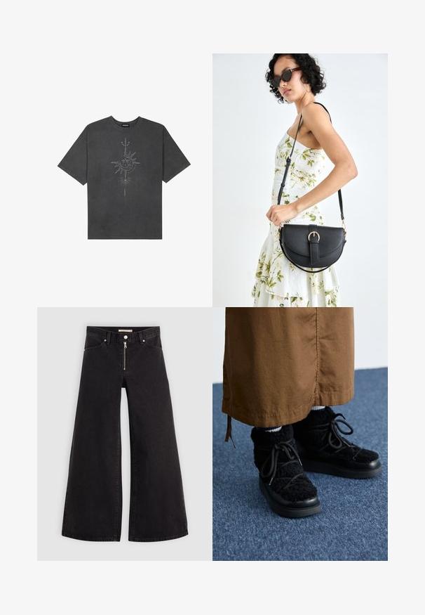 Camiseta de gran tamaño gris oscuro hecha de algodón, con un gráfico central de un sol con intrincados detalles lineales impresos en la parte frontal.; Jeans de pierna ancha en denim negro con cierre frontal, diseño de cinco bolsillos y detalles de costura sutiles. Textura suave y estilo casual.; Zapatillas negras de felpa con suela de plataforma, que cuentan con cordones, textura suave y punta redondeada. Combinadas con una tela marrón por debajo.; Bolso de piel negra con forma curva, correa desmontable y herrajes dorados. El bolso cuenta con una solapa con un detalle de hebilla.