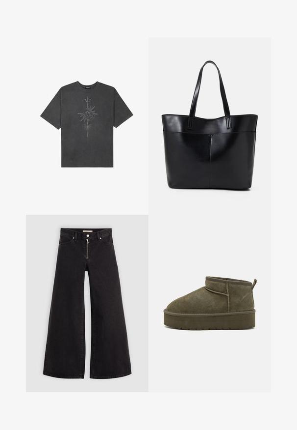 Sötétszürke, nagy méretű pamut póló, középen nap motívummal, aprólékos vonal részletekkel nyomtatva elöl.; Fekete denim széles szárú farmer, cipzáros elejével, öt zsebes kialakítással és diszkrét varrással. Sima textúra és laza stílus.; Olíva zöld velúr bokacsizmák kerek orral,varrott részletekkel és vastag talppal, mely texturált mintázatot mutat. Hátul egy kis húzófülecske található.; Fekete bőr bevásárlótáska két hosszú fogantyúval, sima felülettel és strukturált formával. Elülső zseb található rajta a plusz tárolás érdekében.