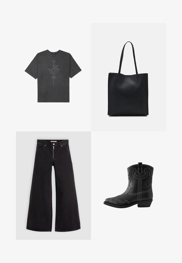 Ciemnoszara, oversize koszulka wykonana z bawełny, z centralnym nadrukiem graficznym słońca z misternymi detalami na przedzie.; Jeans o szerokich nogawkach w czarnym denienie z zamkiem błyskawicznym z przodu, pięcioma kieszeniami i subtelnymi detalami przeszycia. Gładka tekstura i swobodny styl.; Czarne skórzane kowbojki z białymi szwami, spiczastym czubkiem i dekoracyjnymi falistymi wzorami. Posiadają niską piętę i uchwyt.; Czarna skórzana torba tote o gładkiej fakturze, prostokątnym kształcie i dwóch długich uchwytach. Brak widocznych elementów metalowych i ozdób.