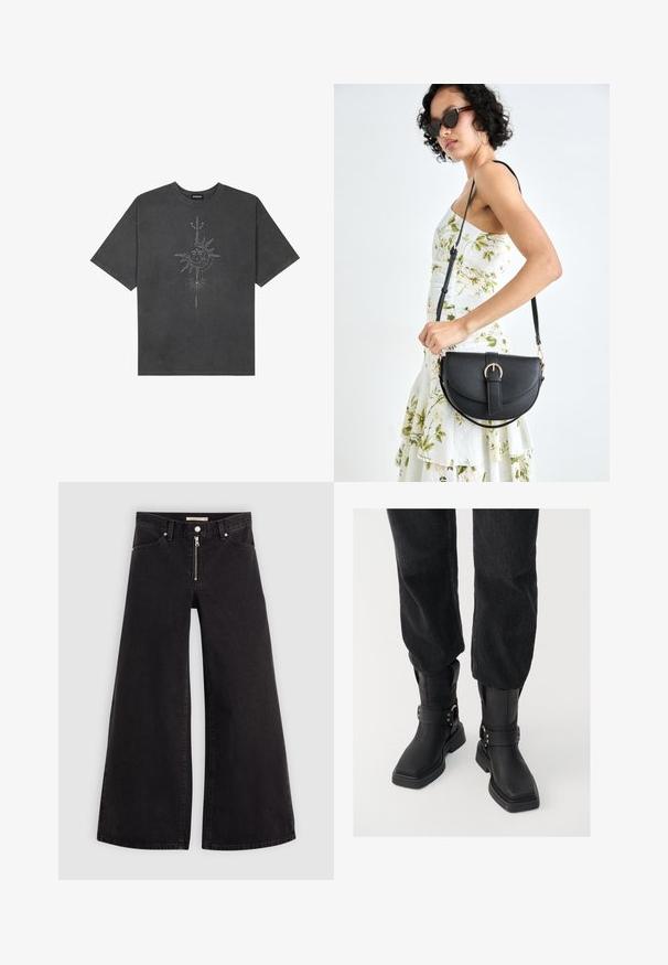Tmavě šedé oversized tričko vyrobené z bavlny, s centrálním slunečním grafickým motivem s propracovanými liniemi potištěným na přední straně.; Džíny s širokými nohavicemi v černém denimovém provedení se zipem vpředu, pěti kapsami a jemnými švy. Hladká textura a ležérní styl.; Černé kožené kotníkové boty se čtveratou špičkou, vybavené širokým páskem a kovovou sponou. Boty mají chunky podešev a hladký povrch.; Černá kožená kabelka s křivkovým tvarem, odnímatelným popruhem a zlatými detaily. Kabelka má klopu s přezkou.