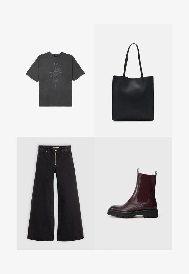 Dark gray oversized t-shirt made of cotton, featuring a central sun graphic with intricate line details printed on the front.; Wide-leg jeans in black denim with a zippered front, five-pocket design, and subtle stitching details. Smooth texture and casual style.; Burgundy leather chelsea boots with elastic side panels, textured black rubber sole, and pull tabs for easy wear.; Black leather tote bag with smooth texture, rectangular shape, and two long handles. No visible hardware or embellishments.