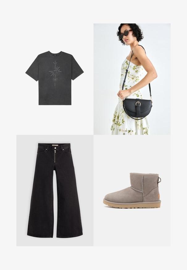 Tamsiai pilkas per didelis marškinėliai, pagaminti iš medvilnės, su centriniu saulės grafiku, turinčiu sudėtingus linijų detalizavimus, spaustu priekyje.; Plačios kojų džinsai iš juodo džinsinio audinio su užtrauktuku priekyje, penkių kišenių dizainu ir subtiliais siuvinėjimo akcentais. Lygus paviršius ir laisvalaikio stilius.; Pilkos zomšinės kulkšnės botai su minkšta tekstūra, sustiprintu siuvimu, apvalia nosimi ir guma padu, kuriame šone yra maža logotipo etikete.; Juodas odinis krepšys su išlenkta forma, nuimamu dirželiu ir auksiniais detalėmis. Krepšys turi kilpą su sagtimi.