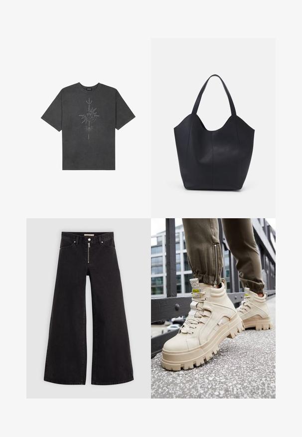 Tumši pelēks, pārspīlēts T-krekls, izgatavots no kokvilnas, ar centrālo saules grafiku ar sarežģītām līniju detaļām, kas izdrukātas priekšpusē.; Platas kājas džinsi melnā džinsa audumā ar rāvējslēdzēju priekšā, piecu kabatu dizains un smalkas šuvju detaļas. Gluda tekstūra un ikdienišķs stils.; Beige high-top sporta apavi ar masīvu, teksturētu zoli, auklu dizainu un dzelteniem akcentu uzlikām. Teksturēta ādas virsa ar kontrastējošu diegu šuvēm.; Melnas rokassomas, kas izgatavota no gludas ādas, ar izliekto atvērto augšu, divām plecu jostām un minimālistisku dizainu.