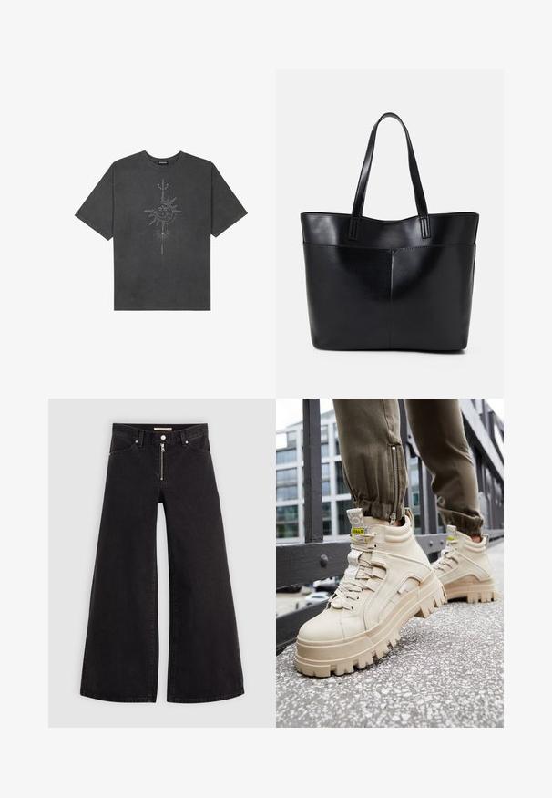 Tumši pelēks, pārspīlēts T-krekls, izgatavots no kokvilnas, ar centrālo saules grafiku ar sarežģītām līniju detaļām, kas izdrukātas priekšpusē.; Platas kājas džinsi melnā džinsa audumā ar rāvējslēdzēju priekšā, piecu kabatu dizains un smalkas šuvju detaļas. Gluda tekstūra un ikdienišķs stils.; Beige high-top sporta apavi ar masīvu, teksturētu zoli, auklu dizainu un dzelteniem akcentu uzlikām. Teksturēta ādas virsa ar kontrastējošu diegu šuvēm.; Melnas ādas iepirkumu soma ar divām garām rokturām, gludu tekstūru un strukturētu formu. Iekļauj priekšējo kabatu papildu uzglabāšanai.