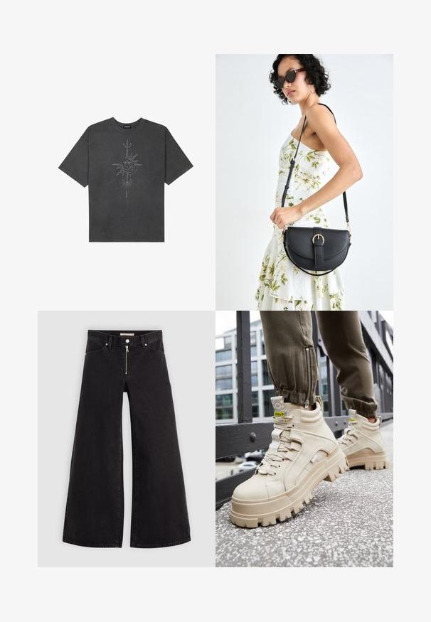 Dark gray oversized t-shirt made of cotton, featuring a central sun graphic with intricate line details printed on the front.; Wide-leg jeans in black denim with a zippered front, five-pocket design, and subtle stitching details. Smooth texture and casual style.; Beige high-top sneakers with a chunky, textured sole, lace-up design, and yellow accent tags. Textured leather upper with contrasting stitching.; Black leather handbag with a curved shape, detachable strap, and gold hardware. The bag features a flap with a buckle detail.