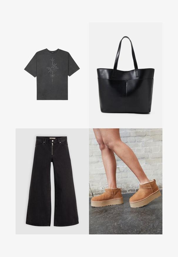Dark gray oversized t-shirt made of cotton, featuring a central sun graphic with intricate line details printed on the front.; Wide-leg jeans in black denim with a zippered front, five-pocket design, and subtle stitching details. Smooth texture and casual style.; Brown suede ankle boots with a plush lining, thick beige platform sole, and a rear pull tab. Textured surface with visible stitching details.; Black leather tote bag with two long handles, a smooth texture, and a structured shape. Features a front pocket for additional storage.