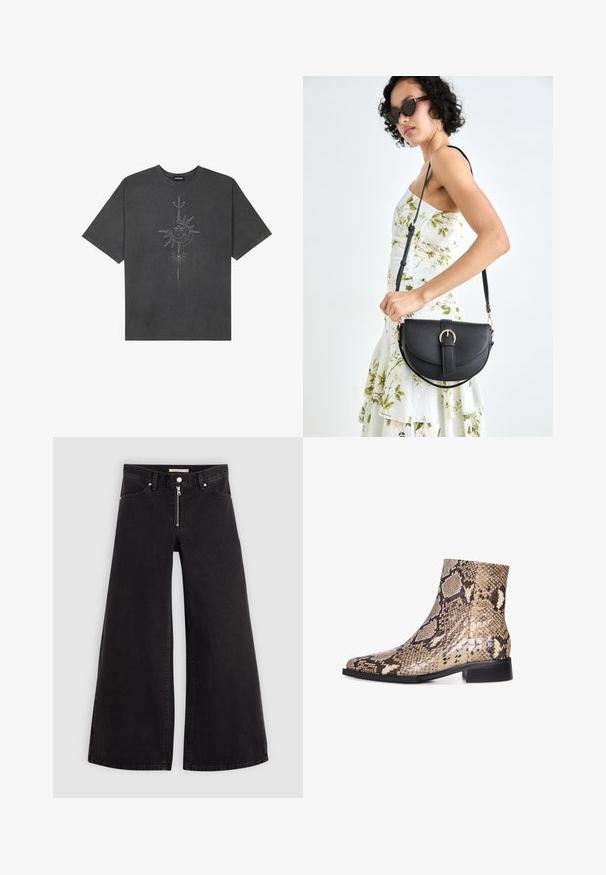 T-shirt surdimensionné gris foncé en coton, avec un graphisme central représentant un soleil, ornée de détails de lignes complexes imprimés sur le devant.; Jean large en denim noir avec une fermeture éclair à l'avant, un design à cinq poches et des détails de couture subtils. Texture lisse et style décontracté.; Bottines en cuir de serpent avec un bout pointu, finition brillante, couleurs neutres beige et marron, petit talon noir et motif texturé.; Sac à main en cuir noir avec une forme courbée, bandoulière amovible et des accessoires en or. Le sac est doté d'un rabat avec un détail de boucle.