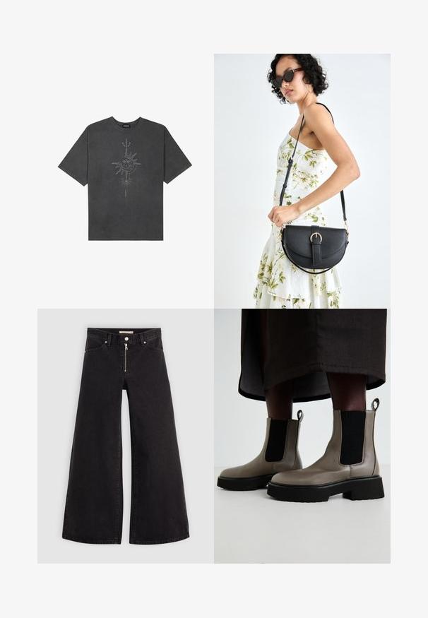 Tmavě šedé oversized tričko vyrobené z bavlny, s centrálním slunečním grafickým motivem s propracovanými liniemi potištěným na přední straně.; Džíny s širokými nohavicemi v černém denimovém provedení se zipem vpředu, pěti kapsami a jemnými švy. Hladká textura a ležérní styl.; Šedé kotníkové boty vyrobené z texturované kůže s elastickými bočními panely a masivní černou podrážkou. Obsahují poutka pro snadné obouvání.; Černá kožená kabelka s křivkovým tvarem, odnímatelným popruhem a zlatými detaily. Kabelka má klopu s přezkou.