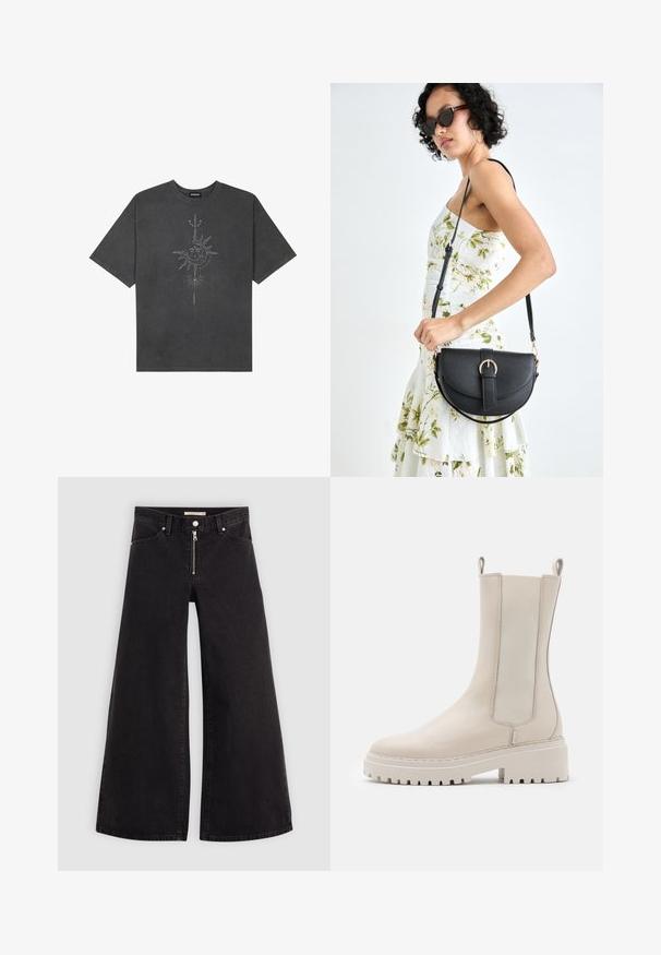 Mörkgrå överdimensionerad t-shirt i bomull, med en central solgrafik med intrikata linjedetaljer tryckta på framsidan.; Breda jeans i svart denim med dragkedja fram, femfickorsdesign och subtila sömdetaljer. Slät textur och avslappnad stil.; Beiga ankelboots i läder med elastiska sidopaneler, en kraftig vit sula och dragöglor bak för enkel påtagning.; Svart läderhandväska med en böjd form, avtagbar rem och guldiga detaljer. Väskan har ett lock med en spänndetalj.