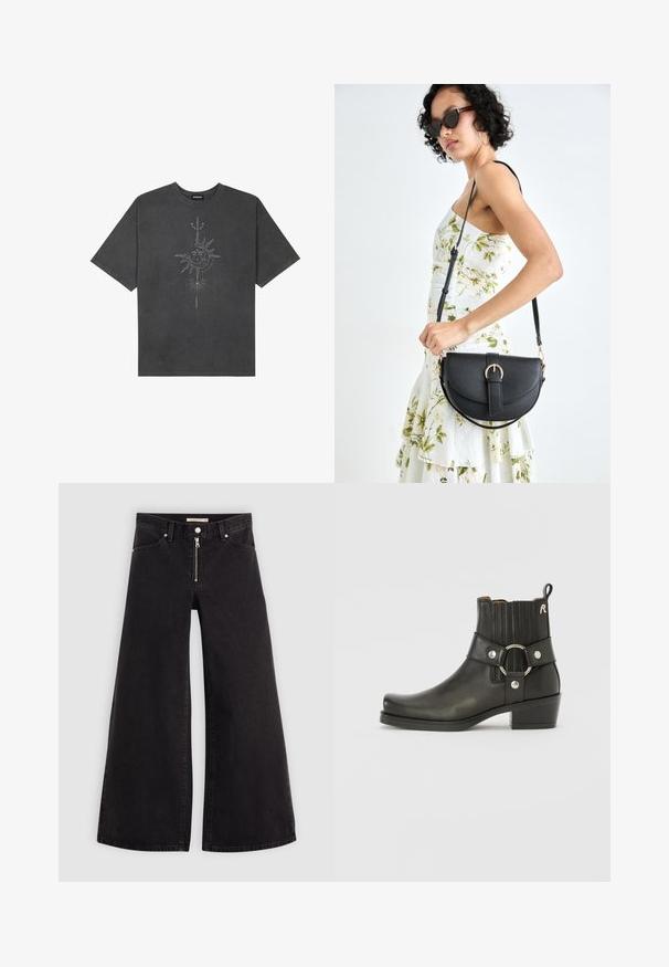 Tamno siva oversized majica od pamuka, s centralnom grafikom sunca s složenim linijskim detaljima ispisanim na prednjoj strani.; Široke traperice od crnog denima s prednjim zatvaračem, dizajnom s pet džepova i suptilnim detaljima šivanja. Glatka tekstura i ležeran stil.; Crne kožne gležnjače s okruglim prstom, rebrastim elastičnim stranama, metalnim prstenastim ukrasom i niskom blok potpeticom.; Crna kožna torba s lukovitim oblikom, odvojivim remenom i zlatnim detaljima. Torba ima preklop s kopčom.