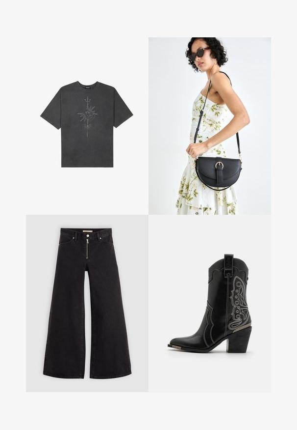 Mørkegrå oversized t-skjorte laget av bomull, med et sentralt solmotiv med intrikate linjedetaljer trykket på forsiden.; Vide benbukser i sort denim med glidelås i front, fem-lomme design og subtile sømdetaljer. Glatt tekstur og avslappet stil.; Svarte lær cowboy støvler med hvit søm og utsmykket design på sidene. Hælen er chunky og teksturert, med en metallisk detalj.; Svart lærveske med en buet form, avtagbar stropp og gullbeslag. Vesken har et klaff med spenne-detall.