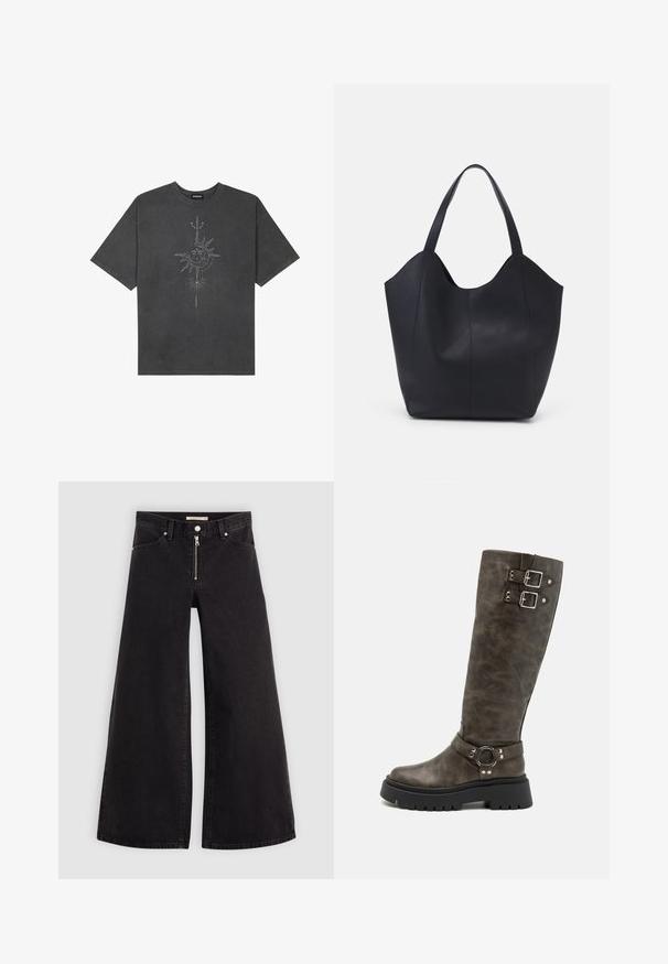 Dark gray oversized t-shirt made of cotton, featuring a central sun graphic with intricate line details printed on the front.; Wide-leg jeans in black denim with a zippered front, five-pocket design, and subtle stitching details. Smooth texture and casual style.; RAID DERRY - High heeled boots - grey; Black tote bag made of smooth leather, featuring a curved, open top with two shoulder straps and a minimalist design.