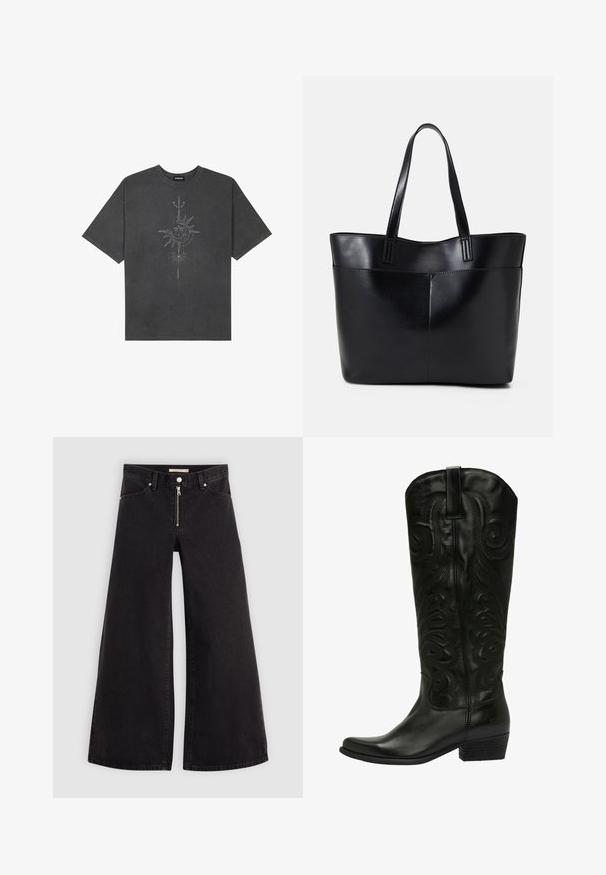 Camiseta de gran tamaño gris oscuro hecha de algodón, con un gráfico central de un sol con intrincados detalles lineales impresos en la parte frontal.; Jeans de pierna ancha en denim negro con cierre frontal, diseño de cinco bolsillos y detalles de costura sutiles. Textura suave y estilo casual.; Botas de cowboy de cuero negro con un patrón de espiral embosado, puntera puntiaguda y tacón apilado. Cuenta con una lengüeta en la parte superior para facilitar su uso.; Bolso tote de cuero negro con dos asas largas, textura suave y forma estructurada. Cuenta con un bolsillo frontal para almacenamiento adicional.