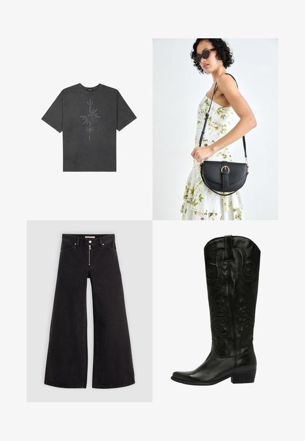 Tmavě šedé oversized tričko vyrobené z bavlny, s centrálním slunečním grafickým motivem s propracovanými liniemi potištěným na přední straně.; Džíny s širokými nohavicemi v černém denimovém provedení se zipem vpředu, pěti kapsami a jemnými švy. Hladká textura a ležérní styl.; Černá kožená kovbojská bota s embosovaným vírem, špičatou špičkou a vrstveným podpatkem. Obsahuje poutko nahoře pro snadné obouvání.; Černá kožená kabelka s křivkovým tvarem, odnímatelným popruhem a zlatými detaily. Kabelka má klopu s přezkou.