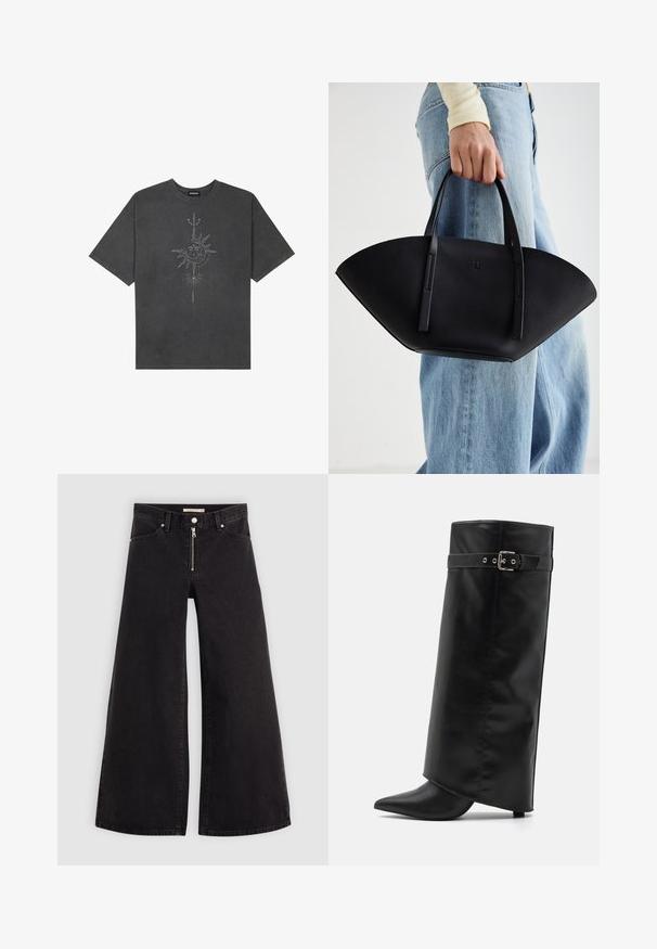 Mørkegrå oversized t-skjorte laget av bomull, med et sentralt solmotiv med intrikate linjedetaljer trykket på forsiden.; Vide benbukser i sort denim med glidelås i front, fem-lomme design og subtile sømdetaljer. Glatt tekstur og avslappet stil.; Even&Odd Boots med høye hæler - black; Svart skinnveske med en unik vifteform, med flate håndtak. Overflaten har en pebblelignende tekstur og et minimalistisk design.