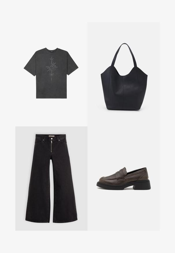Tumehall pehmea t-särk, mis on valmistatud puuvillast, esiküljel on keeruliste joontega trükitud keskmine päikesegraafika.; Laiad teksad mustast denimist, millel on lukuga eesmine osa, viie taskuga disain ja peened õmblusdetailid. Sile tekstuur ja juhuslik stiil.; Pruunid nahast loafers, ümarate varvastega, kaunistava rihmaga ja tugeva musta plokknäheeliga. Sile pind, millel on peen tekstuur.; Must must kinnas must rinna, millel on kaarjas avatud ülemine osa, kaks õlarihma ja minimalistlik disain.