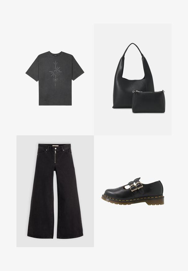 Tricou oversized de culoare gri închis, realizat din bumbac, având un grafic central cu soare, cu detalii complexe imprimat pe față.; Jeans cu picioare largi din denim negru, cu fermoar în față, design cu cinci buzunare și detalii subtile de cusătură. Textură netedă și stil casual.; Pantof cu piele neagră, cu două catarame aurii, detalii perforate și cusături galbene. Prezintă vârful rotund și o talpă stratificată, texturată.; Even&Odd SET - Geantă de mână - black