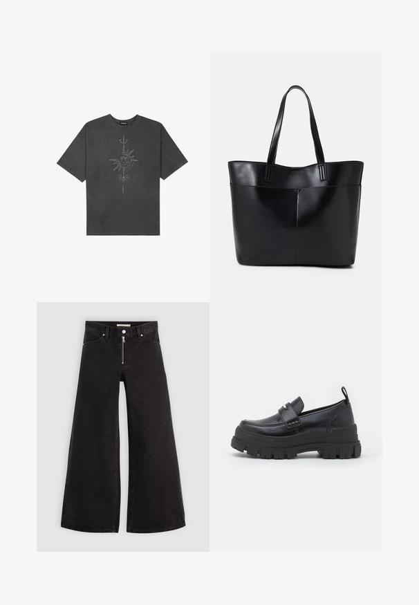 Camiseta de gran tamaño gris oscuro hecha de algodón, con un gráfico central de un sol con intrincados detalles lineales impresos en la parte frontal.; Jeans de pierna ancha en denim negro con cierre frontal, diseño de cinco bolsillos y detalles de costura sutiles. Textura suave y estilo casual.; Zapato negro de cuero tipo slip-on con una suela de goma negra gruesa. Presenta una correa ancha en la parte frontal y un diseño cosido alrededor del dedo del pie.; Bolso tote de cuero negro con dos asas largas, textura suave y forma estructurada. Cuenta con un bolsillo frontal para almacenamiento adicional.