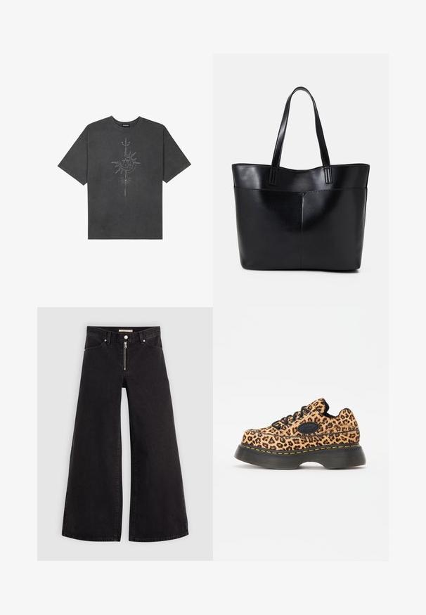 Sötétszürke, nagy méretű pamut póló, középen nap motívummal, aprólékos vonal részletekkel nyomtatva elöl.; Fekete denim széles szárú farmer, cipzáros elejével, öt zsebes kialakítással és diszkrét varrással. Sima textúra és laza stílus.; Leopárdmintás platform sportcipők fekete fűzőkkel, texturált anyagból, vastag fekete gumitalpon sárga varrási részletekkel.; Fekete bőr bevásárlótáska két hosszú fogantyúval, sima felülettel és strukturált formával. Elülső zseb található rajta a plusz tárolás érdekében.