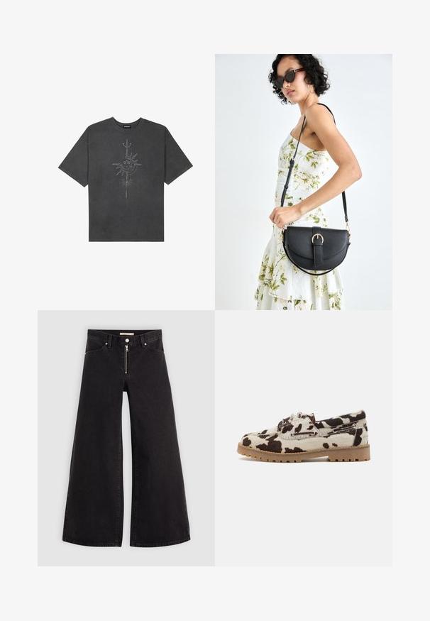 T-shirt oversize grigio scuro in cotone, con una grafica centrale di un sole con dettagli intricati stampati sul davanti.; Jeans a gamba larga in denim nero con chiusura a zip, design a cinque tasche e dettagli di cucitura sottili. Texture morbida e stile casual.; Scarpe con motivo di pelle di mucca caratterizzate da una base crema con macchie marrone scuro, realizzate con suola in gomma e dettagli con lacci.; Borsa a tracolla nera in pelle con una forma curva, manico rimovibile e accessori dorati. La borsa presenta una patta con un dettaglio a fibbia.