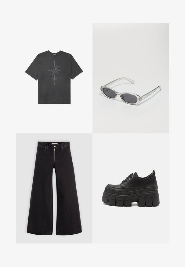 Tamsiai pilkas per didelis marškinėliai, pagaminti iš medvilnės, su centriniu saulės grafiku, turinčiu sudėtingus linijų detalizavimus, spaustu priekyje.; Plačios kojų džinsai iš juodo džinsinio audinio su užtrauktuku priekyje, penkių kišenių dizainu ir subtiliais siuvinėjimo akcentais. Lygus paviršius ir laisvalaikio stilius.; Juodos platforminės sportbačiai su lygiu odiniu viršumi, su raištelių užsegimu, storu guminiu padu ir prekiniu ženklu šone.; Akiniai nuo saulės ovalo formos, su skaidriu plastiko rėmu, tamsiai pilkais objektyvais ir plonomis skaidriomis šakėmis, dekoruotais logotipų akcentais ir minimaliais detalėmis.