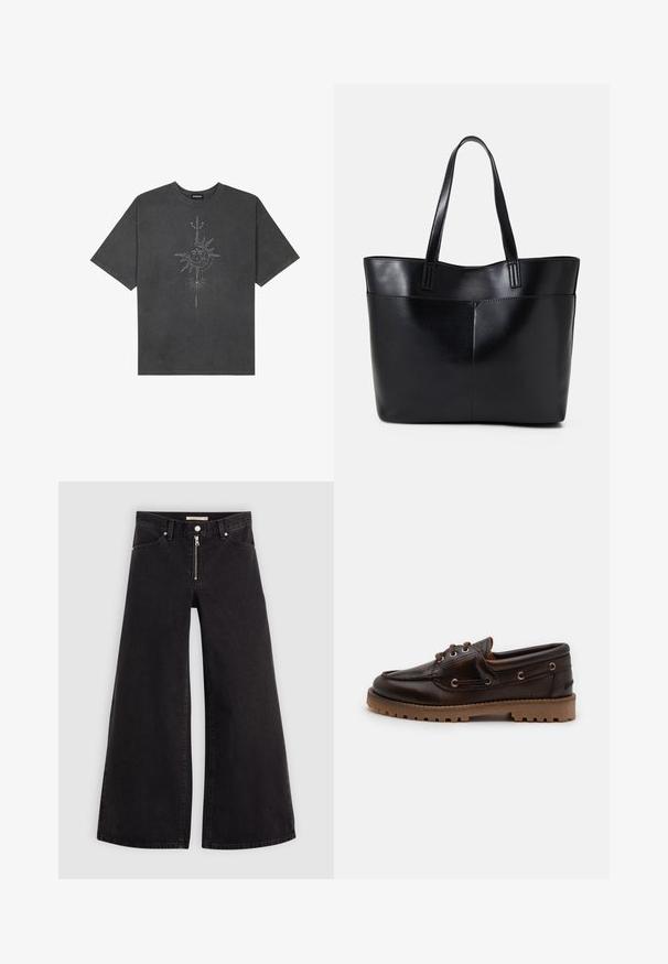 T-shirt oversized cinza escuro feito de algodão, apresentando um gráfico central do sol com detalhes de linhas intrincadas impressos na frente.; Calças de ganga de perna larga em denim preto com fecho éclair à frente, design de cinco bolsos e detalhes de costura subtil. Textura suave e estilo casual.; Shoe de barco em couro castanho com bico redondo, dois ilhós e sola de borracha texturizada. Apresenta detalhamentos costurados e uma sola em tom contrastante.; Bolsa tote preta em couro com duas alças longas, textura suave e forma estruturada. Apresenta um bolso frontal para armazenamento adicional.