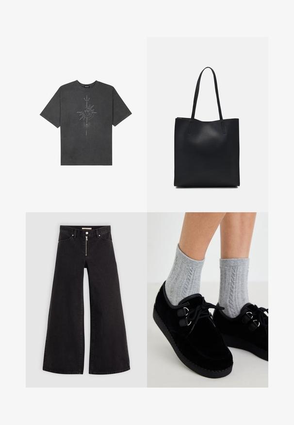 T-shirt oversized cinza escuro feito de algodão, apresentando um gráfico central do sol com detalhes de linhas intrincadas impressos na frente.; Calças de ganga de perna larga em denim preto com fecho éclair à frente, design de cinco bolsos e detalhes de costura subtil. Textura suave e estilo casual.; Sapatos pretos de veludo com solas planas, bico redondo e ilhós duplos. Usados com meias cinzentas de malha com tranças. Textura suave e design simples.; Bolsa tote preta em couro com textura lisa, forma retangular e duas alças longas. Sem hardware ou enfeites visíveis.