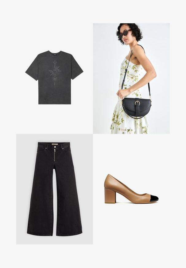 Sötétszürke, nagy méretű pamut póló, középen nap motívummal, aprólékos vonal részletekkel nyomtatva elöl.; Fekete denim széles szárú farmer, cipzáros elejével, öt zsebes kialakítással és diszkrét varrással. Sima textúra és laza stílus.; Beige bőr magassarkú cipő kerek orral és fekete lakkorr-sapkával, tömbtalppal és sima textúrával.; Fekete bőrtáska ívelt formával, levehető pánttal és arany színű fémrészekkel. A táskán egy csattal díszített fedél található.