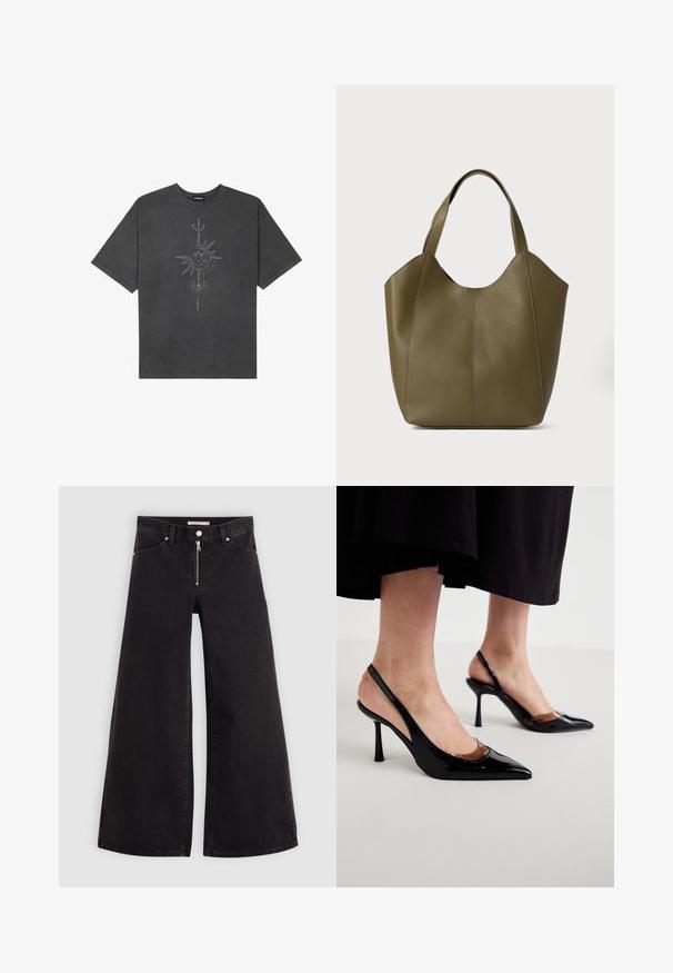 Sötétszürke, nagy méretű pamut póló, középen nap motívummal, aprólékos vonal részletekkel nyomtatva elöl.; Fekete denim széles szárú farmer, cipzáros elejével, öt zsebes kialakítással és diszkrét varrással. Sima textúra és laza stílus.; Fekete lakk bőrből készült, hegyes orrú, sarokpántos magassarkú cipők, elől átlátszó kivágásokkal, sima világos felületen elhelyezve.; Olivazöld bőr kézitáska dupla pántokkal, sima textúrával és négy paneles kialakítással. Erősített varrás a varratok mentén a tartósság érdekében.