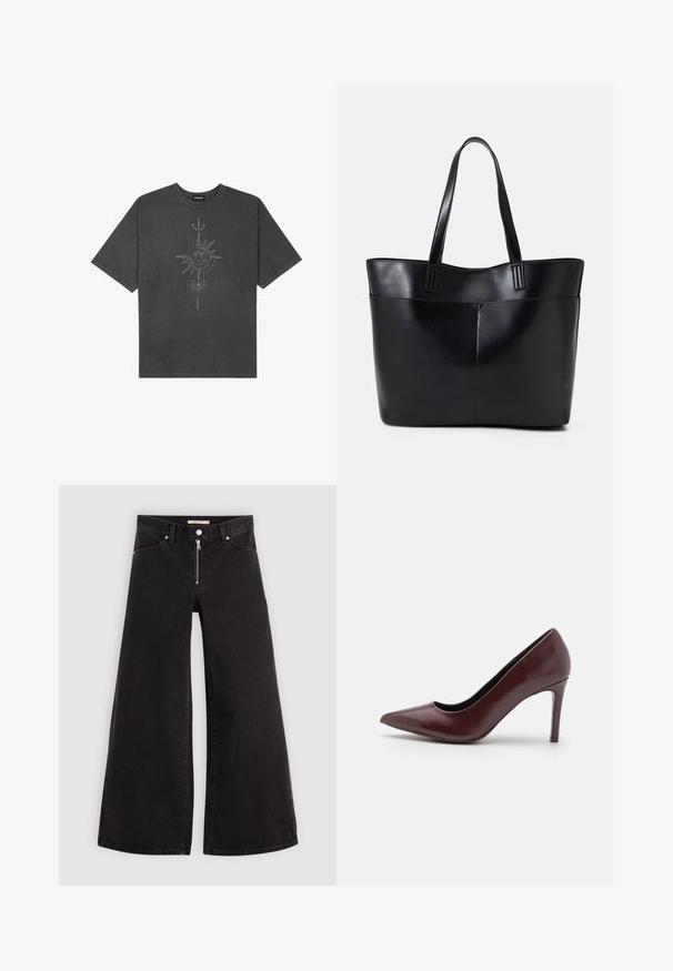 Dark gray oversized t-shirt made of cotton, featuring a central sun graphic with intricate line details printed on the front.; Wide-leg jeans in black denim with a zippered front, five-pocket design, and subtle stitching details. Smooth texture and casual style.; Burgundy leather high heel shoe with a pointed toe, smooth texture, and a thin stiletto heel. Elegant silhouette with minimal design details.; Black leather tote bag with two long handles, a smooth texture, and a structured shape. Features a front pocket for additional storage.