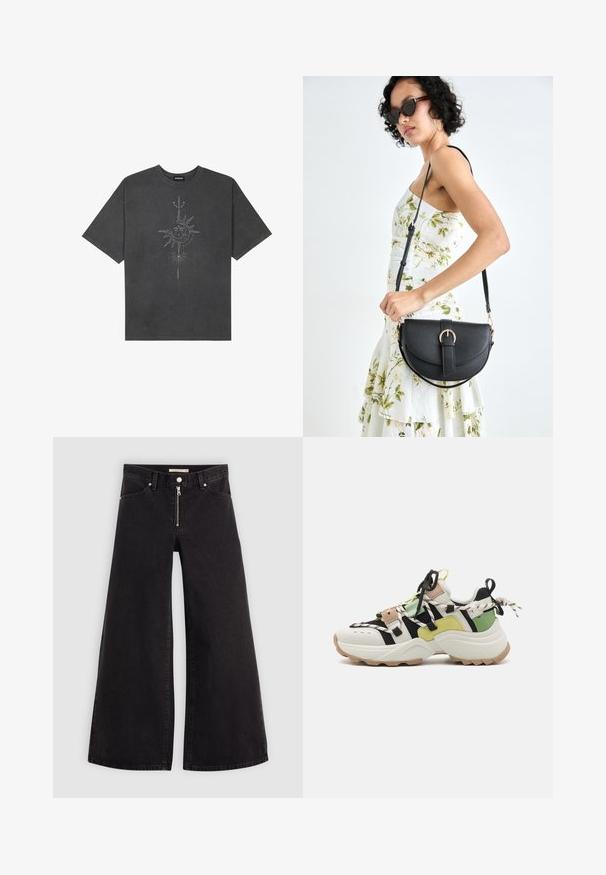 Tamsiai pilkas per didelis marškinėliai, pagaminti iš medvilnės, su centriniu saulės grafiku, turinčiu sudėtingus linijų detalizavimus, spaustu priekyje.; Plačios kojų džinsai iš juodo džinsinio audinio su užtrauktuku priekyje, penkių kišenių dizainu ir subtiliais siuvinėjimo akcentais. Lygus paviršius ir laisvalaikio stilius.; Steve Madden TAZMANIA - Sportbačiai - spring green; Juodas odinis krepšys su išlenkta forma, nuimamu dirželiu ir auksiniais detalėmis. Krepšys turi kilpą su sagtimi.