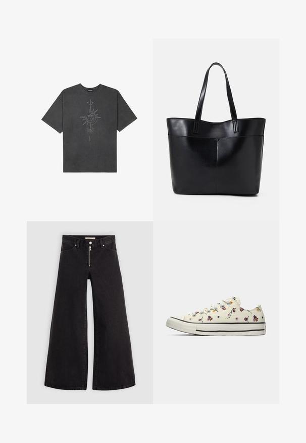 T-shirt oversized cinza escuro feito de algodão, apresentando um gráfico central do sol com detalhes de linhas intrincadas impressos na frente.; Calças de ganga de perna larga em denim preto com fecho éclair à frente, design de cinco bolsos e detalhes de costura subtil. Textura suave e estilo casual.; Sapatilha baixa branca com pequenos padrões coloridos de flores e atacadores brancos, vista do lado interior sobre um fundo liso.; Bolsa tote preta em couro com duas alças longas, textura suave e forma estruturada. Apresenta um bolso frontal para armazenamento adicional.