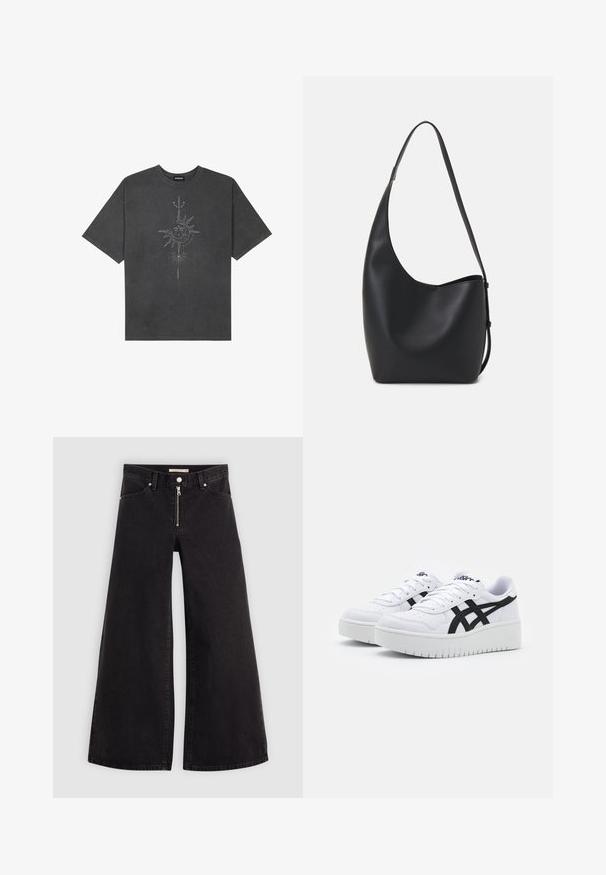 Tumehall pehmea t-särk, mis on valmistatud puuvillast, esiküljel on keeruliste joontega trükitud keskmine päikesegraafika.; Laiad teksad mustast denimist, millel on lukuga eesmine osa, viie taskuga disain ja peened õmblusdetailid. Sile tekstuur ja juhuslik stiil.; Valged tossud tekstureeritud pinnaga, mustade külgtriipudega ja paksu valge tallaga. Omavad paeltega kinnitamist ja logo keele peal.; Mustast nahast hobo kott, millel on sile tekstuur, kumer kuju ja üks reguleeritav rihm; peal on lai avaus.