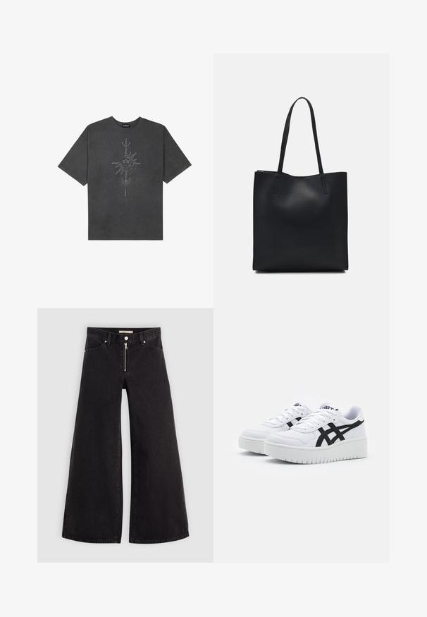 Sötétszürke, nagy méretű pamut póló, középen nap motívummal, aprólékos vonal részletekkel nyomtatva elöl.; Fekete denim széles szárú farmer, cipzáros elejével, öt zsebes kialakítással és diszkrét varrással. Sima textúra és laza stílus.; Fehér sportcipők textúrázott felülettel, fekete oldalsávokkal és vastag fehér talppal. Fűzős dizájn és logó a nyelvén.; Fekete bőrtáska sima felszínnel, téglalap alakú, két hosszú füllel. Nincs látható fémkiegészítő vagy díszítés.