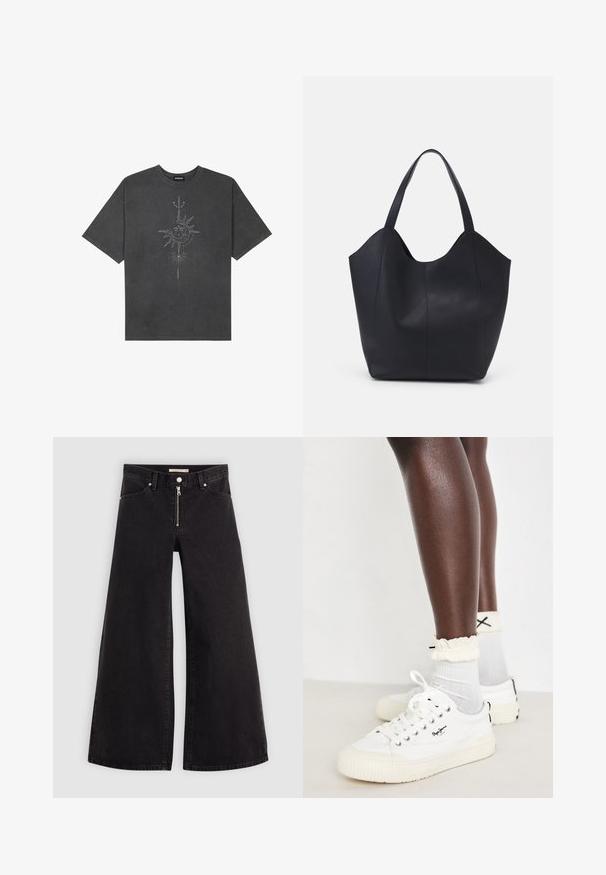 Tmavosivý oversized tričko vyrobené z bavlny, s centrálnou grafikou slnka s prepracovanými líniovými detailmi potlačenými na prednej strane.; Dlhé nohavice vo voľnom strihu z čierneho denimu so zipsom vpredu, päť vrecúškovým dizajnom a jemnými stehovými detailmi. Hladká textúra a neformálny štýl.; Biele plátené tenisky s textúrovanou podrážkou, v kombinácii so svetlošedými členkovými ponožkami a riasenými krémovými manžetami; čierny detail loga na topánkach.; Čierna taška s dlhým uchom vyrobená z hladkej kože, s oblým otvoreným vrchom a dvoma ramennými popruhmi, minimalistického dizajnu.